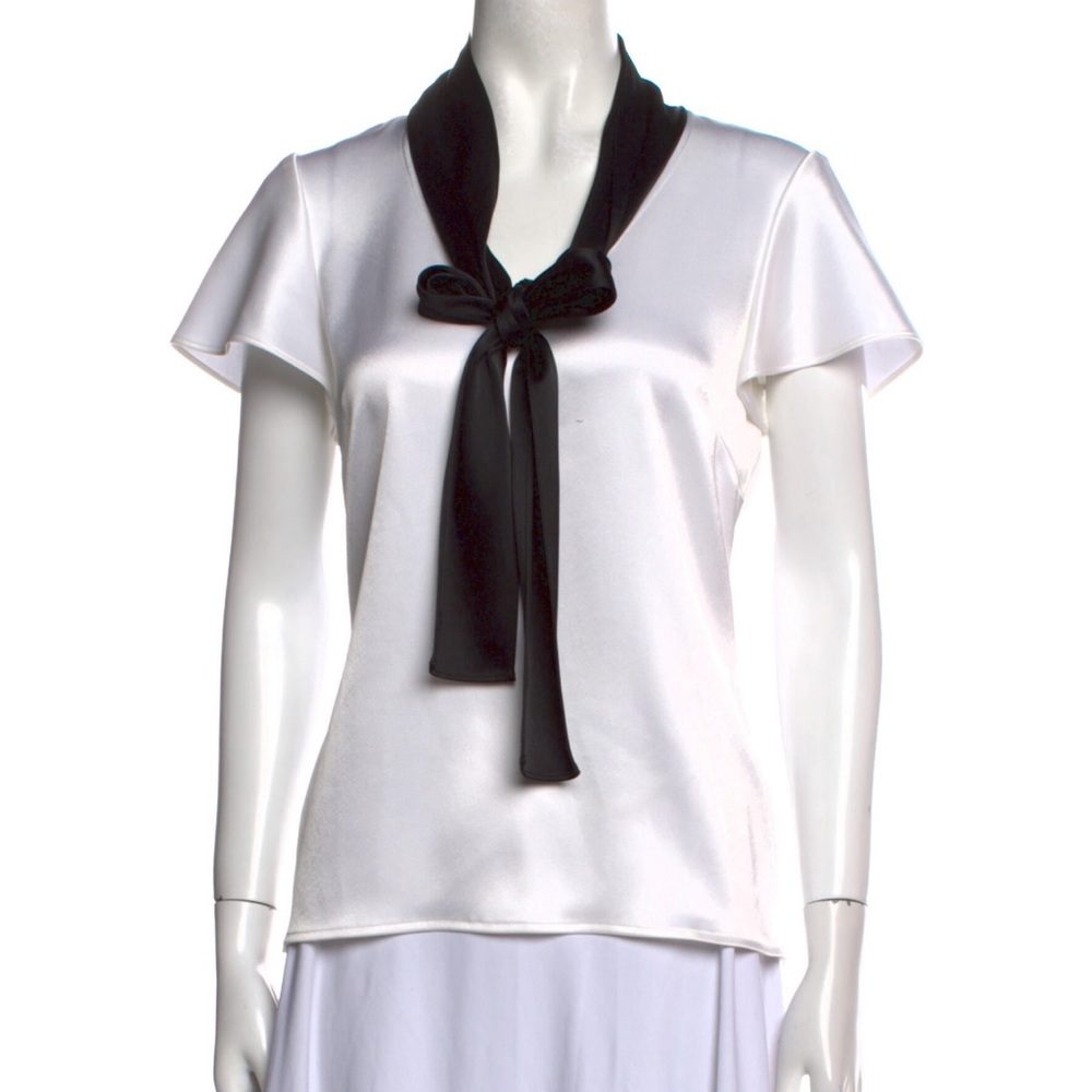 St. John Essentials White Liquid Satin Silk Blend Tunic Tie Neck Large Bow Sz 6